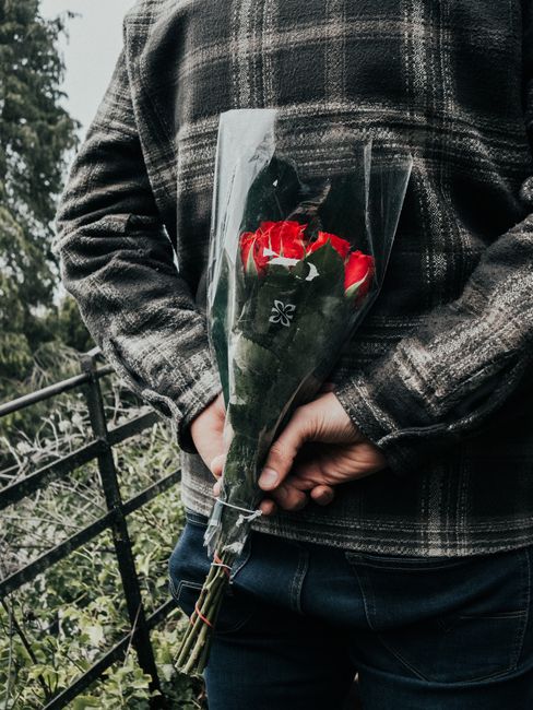 A person wearing a dark plaid jacket is holding a bouquet of fresh red and white roses wrapped in clear cellophane. The bouquet features vibrant roses with glossy green leaves, arranged in a tight, el